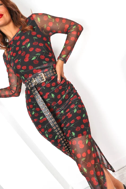 Out Of This World - Black Red Cherry Print Mesh Midi Dress