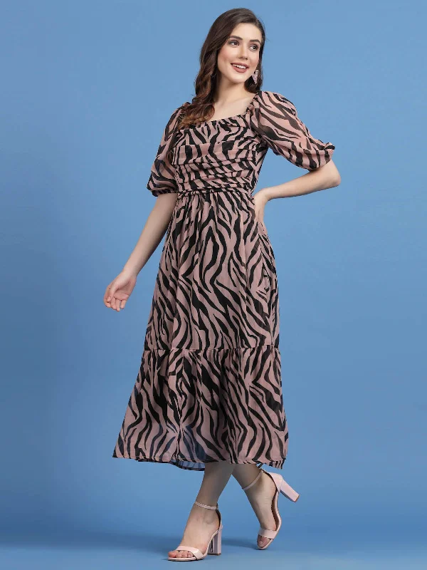 Pink Animal Printed Puff Sleeves A-Line Midi Dress