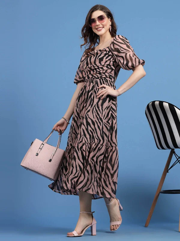 Pink Animal Printed Puff Sleeves A-Line Midi Dress