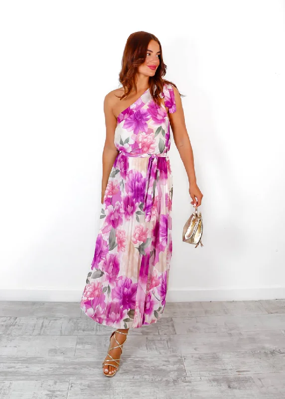 Pleat Talker - Magenta Cream One Shoulder Floral Pleated Midi Dress