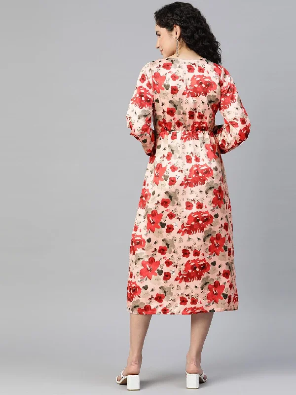 plusS Floral Print Puff Sleeve A-Line Midi Dress