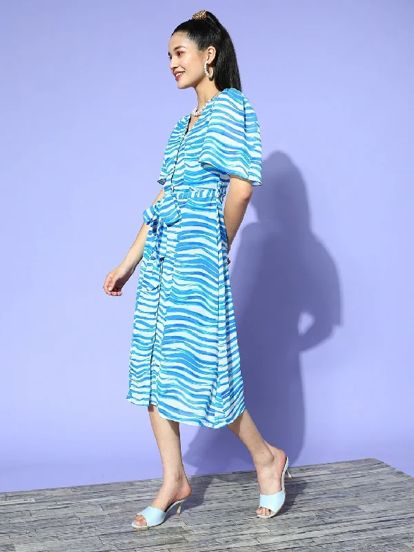 plusS White  Turquoise Blue Striped A-Line Midi Dress