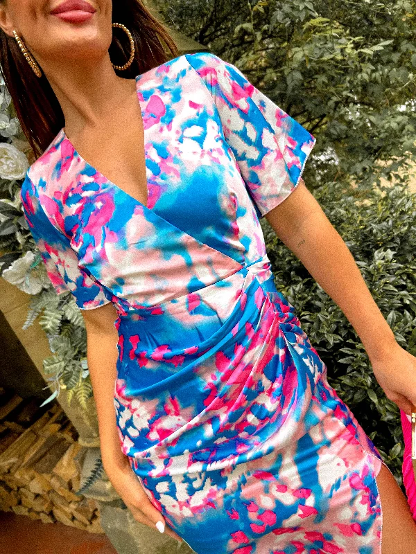 Ready to Go - Pink Blue Print Midi Dress