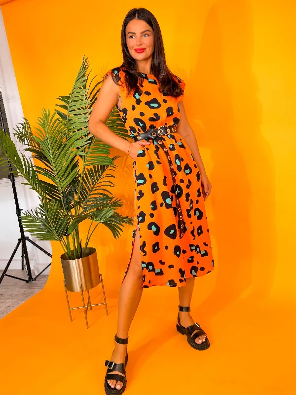 Spot My Baby - Orange Green Leopard Print Sleeveless Midi Dress