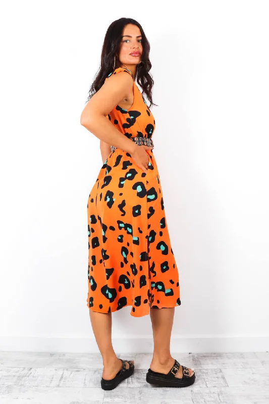 Spot My Baby - Orange Green Leopard Print Sleeveless Midi Dress