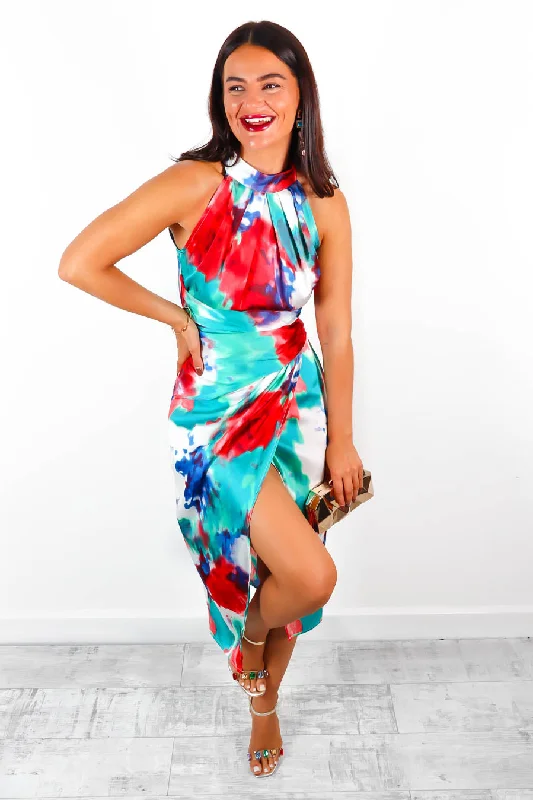 Too Halt To Handle - Red Green Abstract Printed Midi Dress