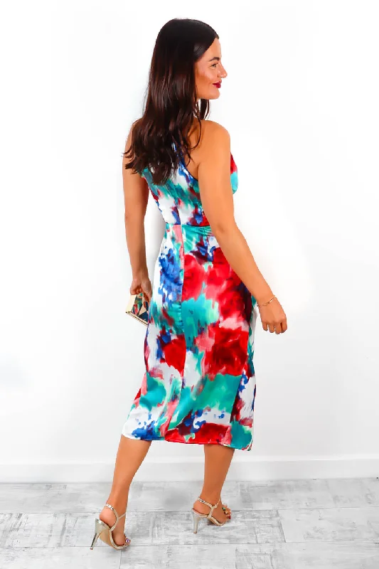 Too Halt To Handle - Red Green Abstract Printed Midi Dress