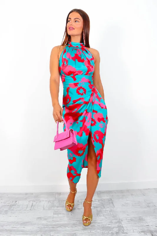 Too Halt To Handle - Turquoise Pink Floral Midi Dress