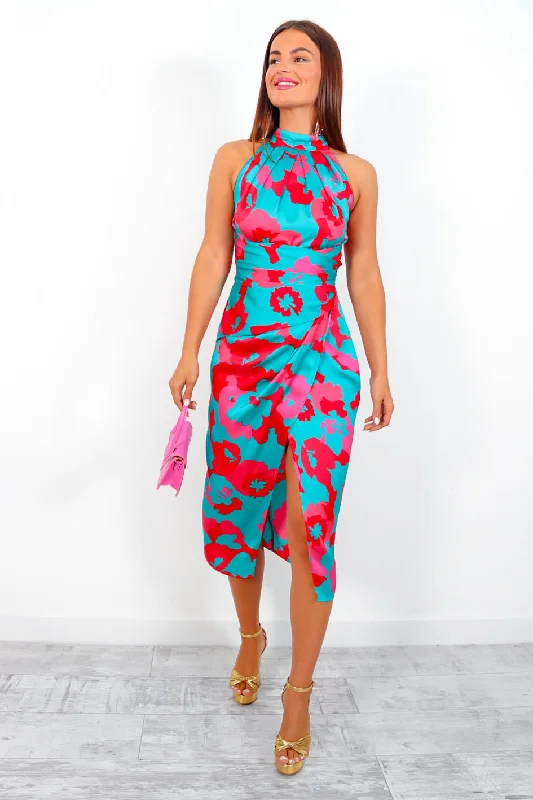 Too Halt To Handle - Turquoise Pink Floral Midi Dress