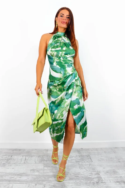 Too Halt To Handle - Green Abstract Print Halter Neck Midi Dess