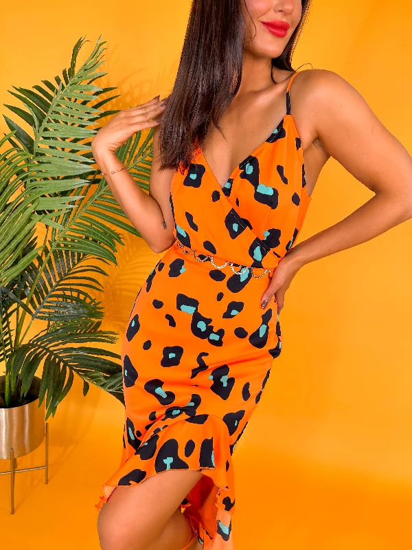 Wild About You - Orange Green Leopard Print Midi Dress