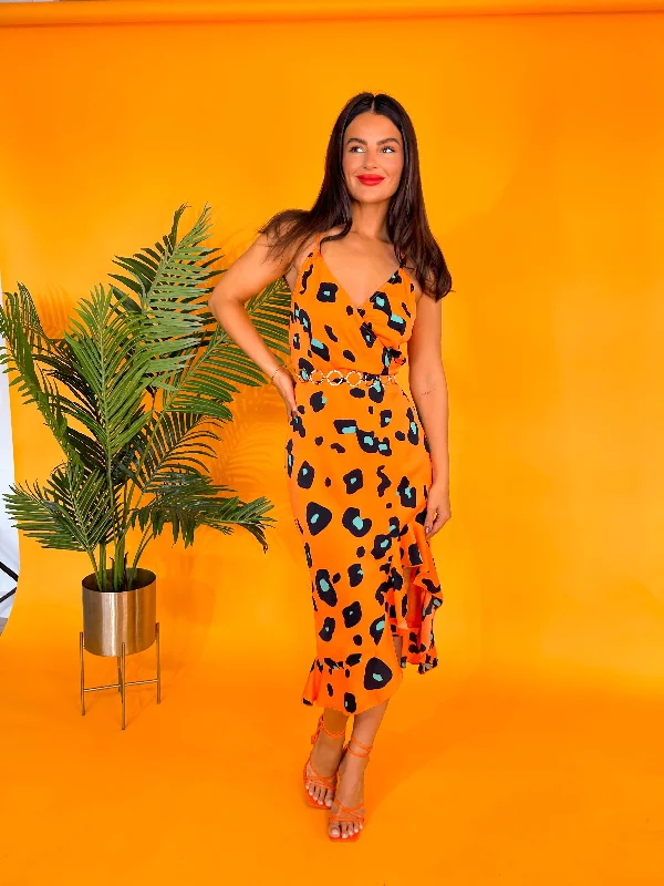 Wild About You - Orange Green Leopard Print Midi Dress