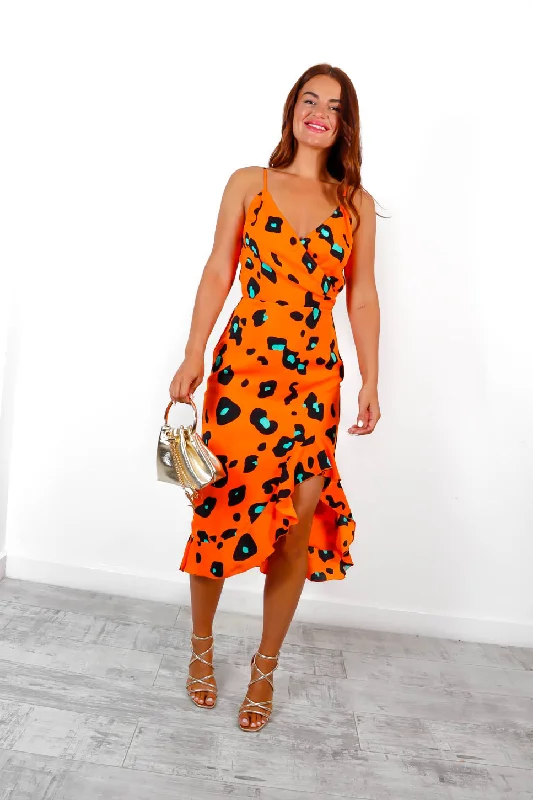 Wild About You - Orange Green Leopard Print Midi Dress