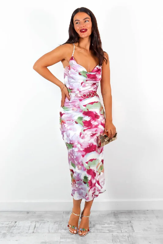 Wishful Fitting - White Purple Abstract Printed Cami Midi Dress