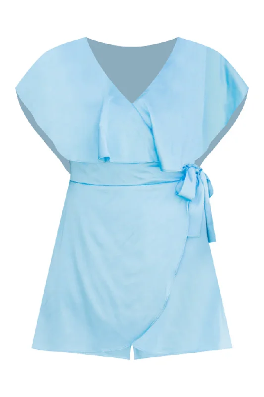 In The Sky Blue Satin Romper FINAL SALE