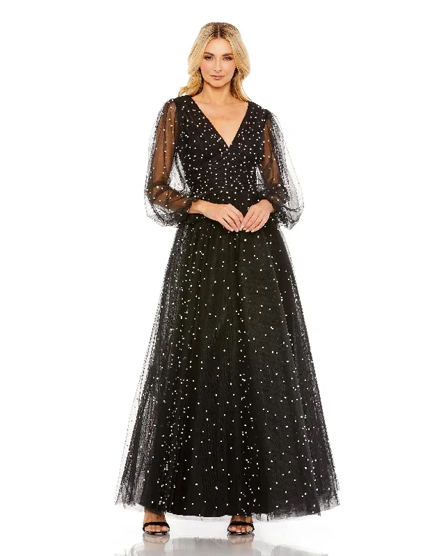 Long Sheer Sleeve Draped Pearl Beaded Gown