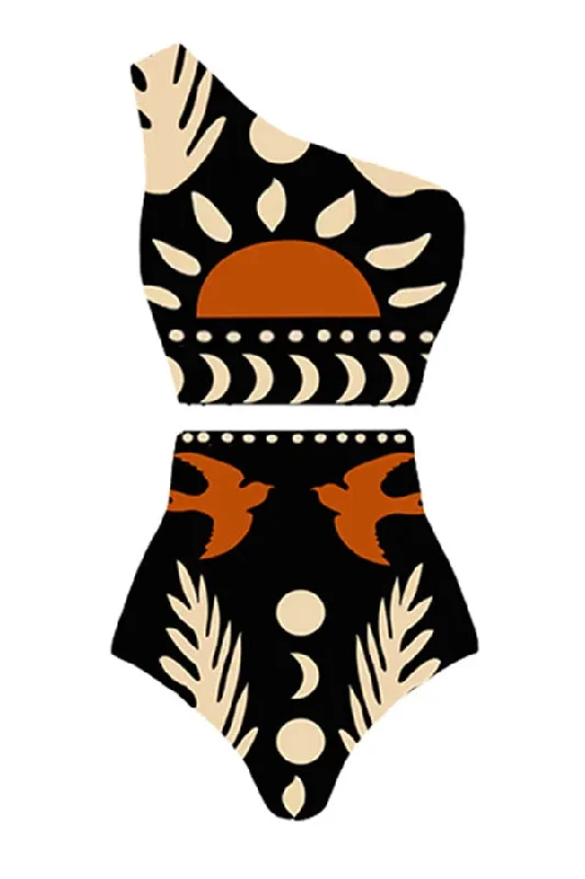 abstract-art-birds-and-sun-print-color-block-high-waist-bikini-skirt-set