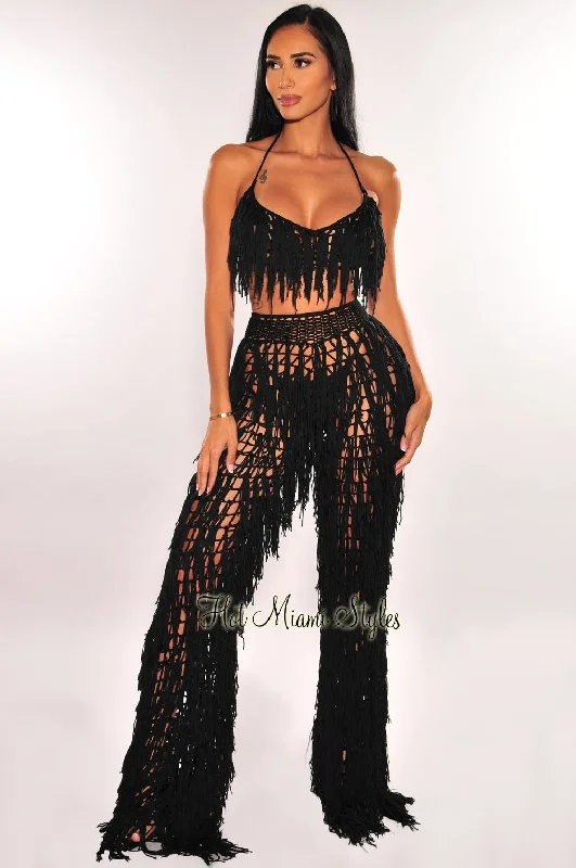 Black Crochet Halter Fringe Pants Two Piece Set Cover Up