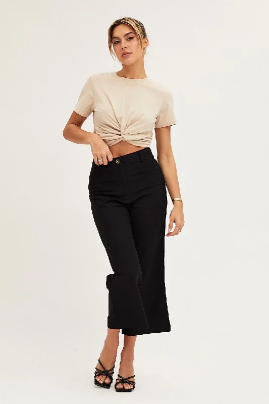 Black High Rise Linen Blend Wide Leg Pants