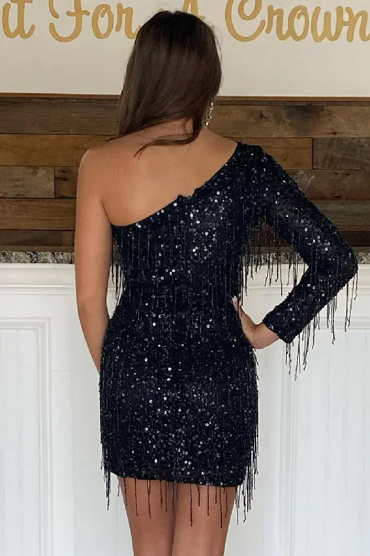 black-sequin-one-sleeve-fringe-cocktail-gown