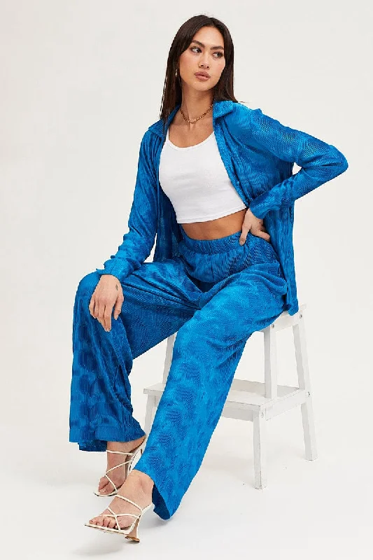 Blue Plisse Pants Wide Leg High Rise