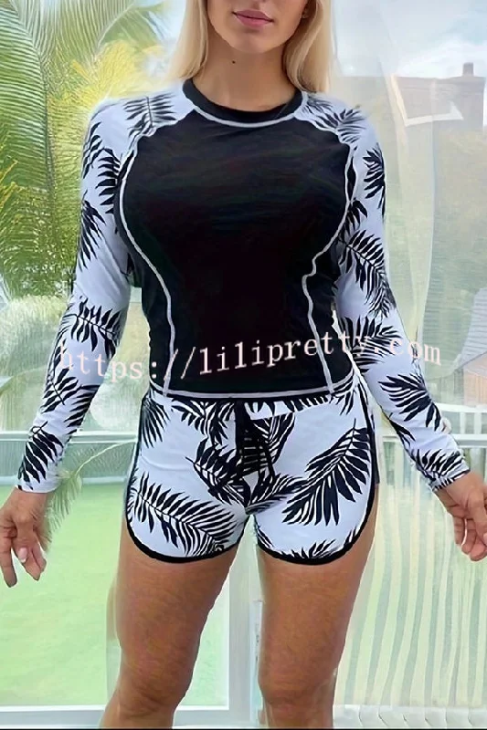 botanical-print-crew-neck-long-sleeve-lace-up-swimsuit-set