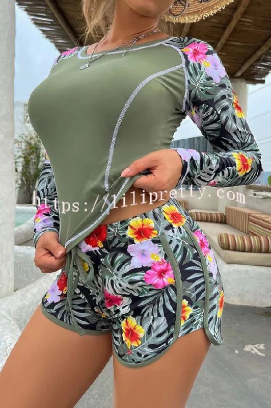 botanical-print-crew-neck-long-sleeve-lace-up-swimsuit-set