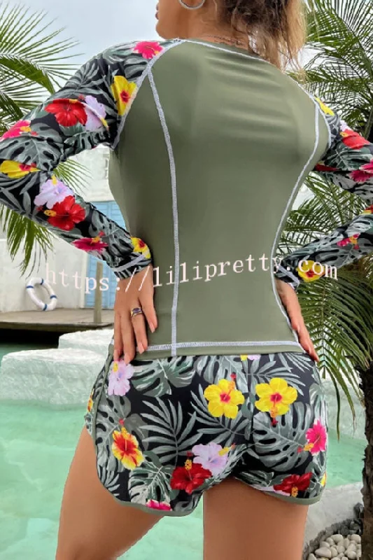 botanical-print-crew-neck-long-sleeve-lace-up-swimsuit-set