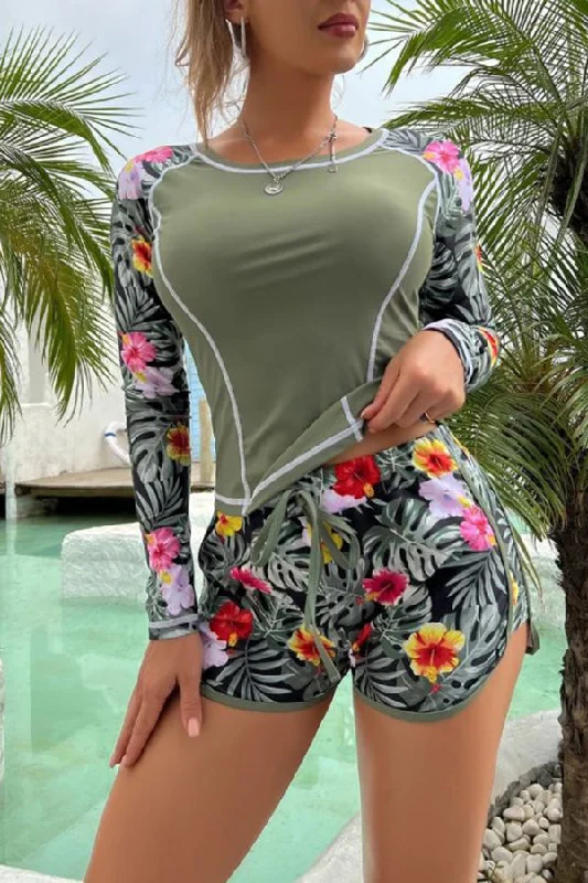 botanical-print-crew-neck-long-sleeve-lace-up-swimsuit-set