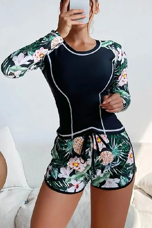 botanical-print-crew-neck-long-sleeve-lace-up-swimsuit-set