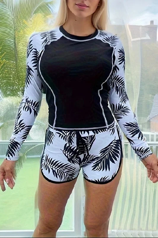 botanical-print-crew-neck-long-sleeve-lace-up-swimsuit-set