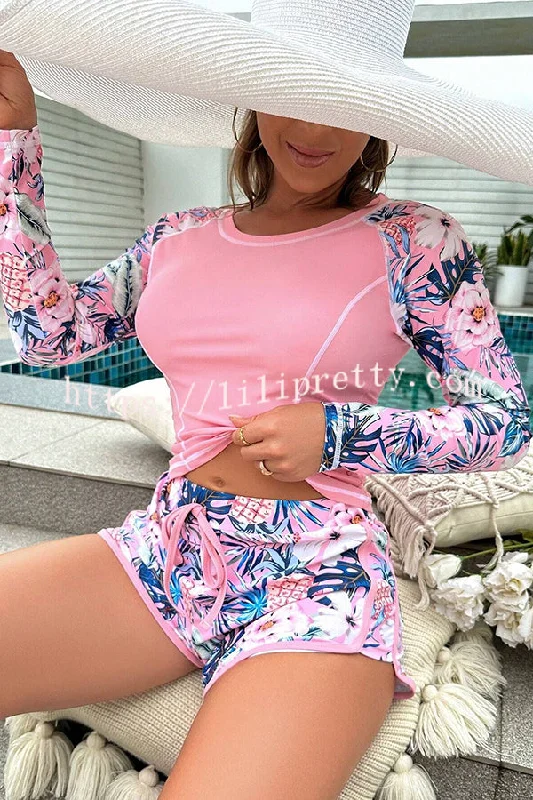 botanical-print-crew-neck-long-sleeve-lace-up-swimsuit-set