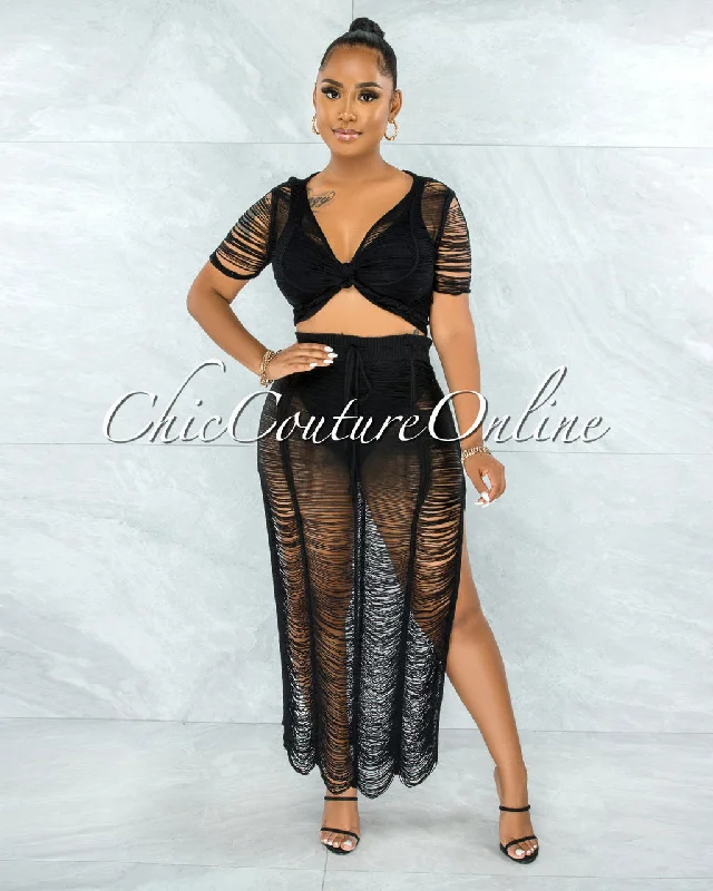 *Bulat Black Crochet Cover-Up Maxi Skirt Set