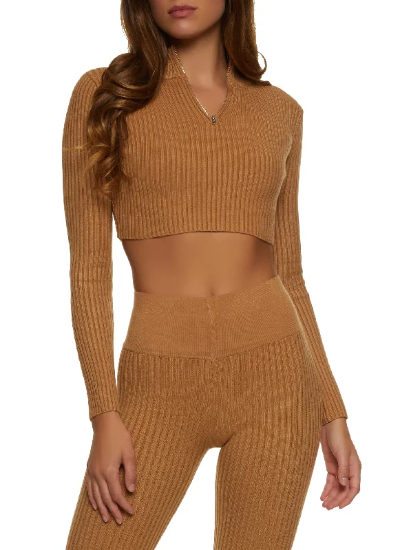 Cropped Rib Knit Zip Neck Sweater