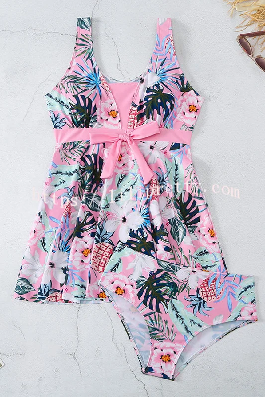 cheerful-floral-print-lace-up-swimsuit-set