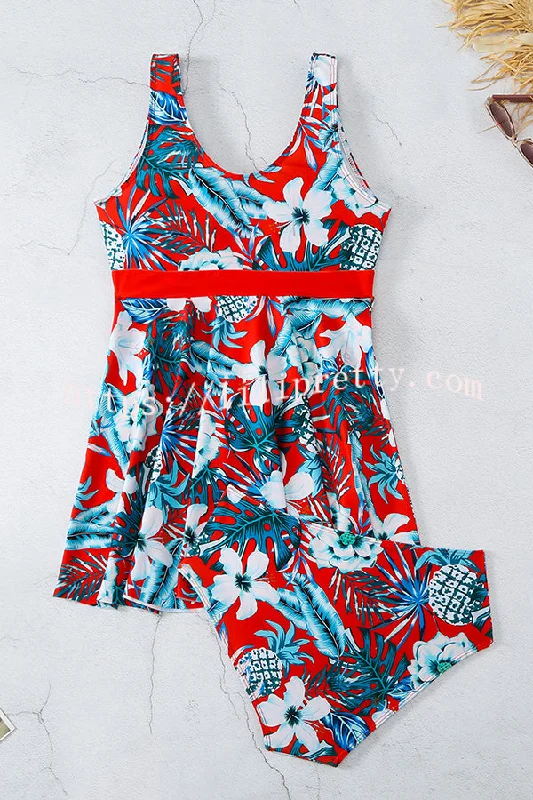 cheerful-floral-print-lace-up-swimsuit-set