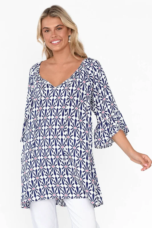 Clarke Navy Geo Bell Sleeve Top