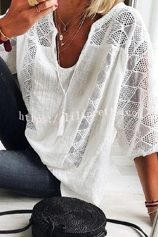 Lilipretty Cotton Linen Blend Patchwork Hollow Out Tassel Blouse