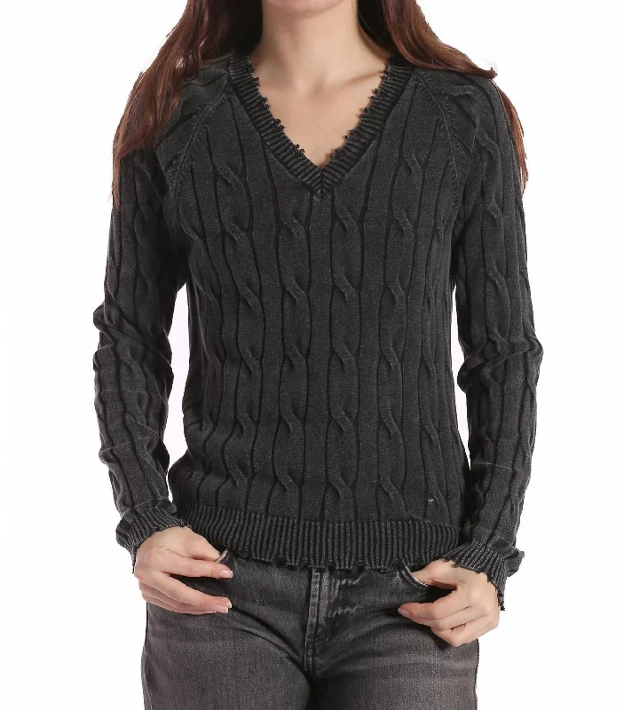 Cotton Stone Wash Distressed Cable V Neck Top In Black