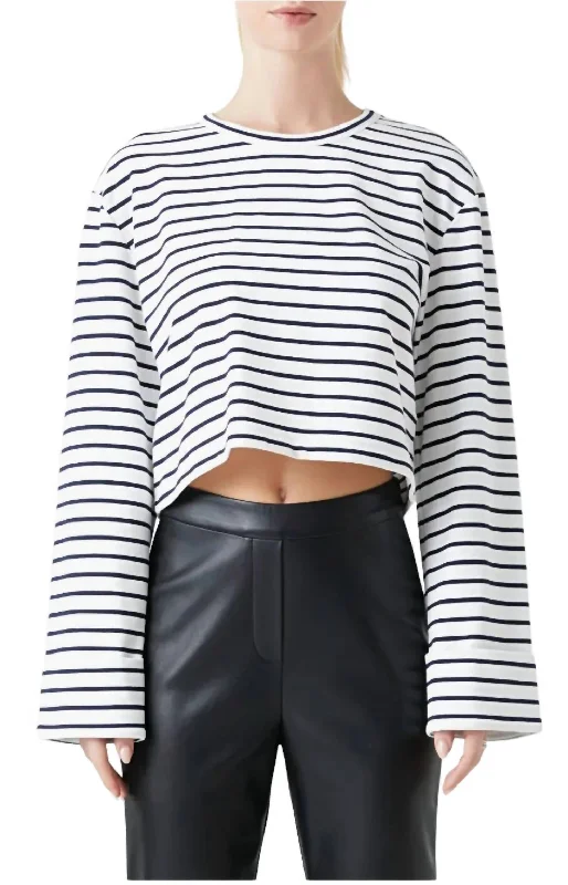 Cropped Cotton Shirt In Navy & White