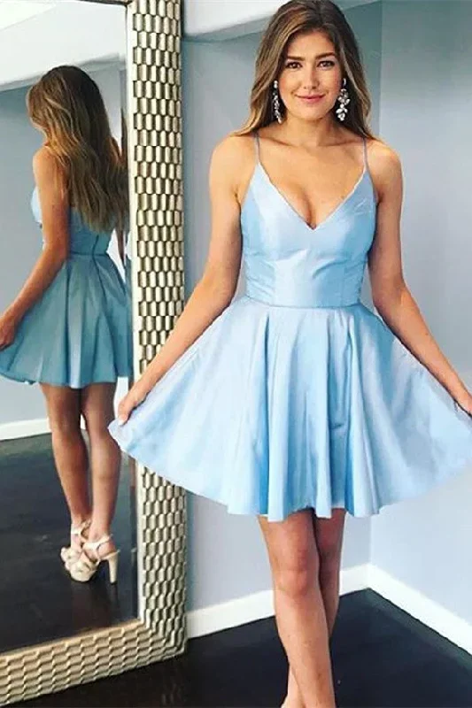 Double Straps Short Sky Blue Party Dress