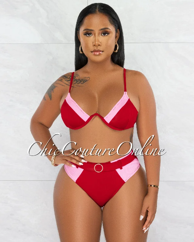 Dugan Burgundy Pink Ribbed ""O"" Ring Two Piece Swimsuit