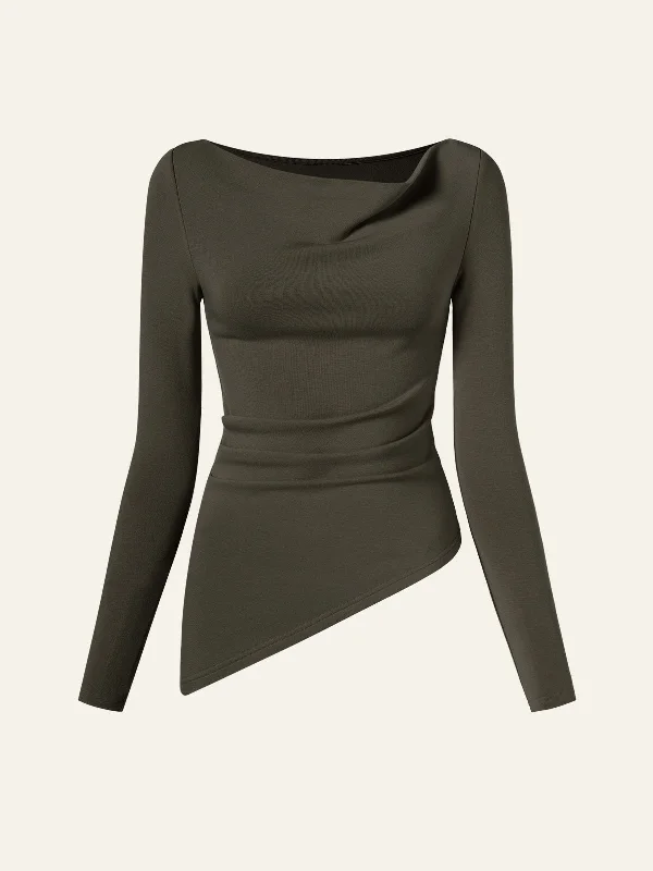 eco-mousse®-cowl-neck-side-ruched-asymmetrical-top