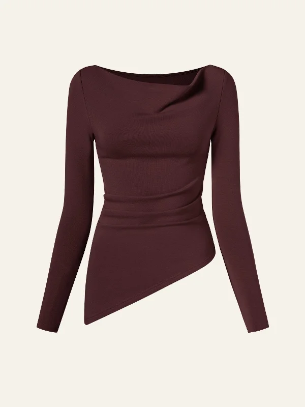 eco-mousse®-cowl-neck-side-ruched-asymmetrical-top