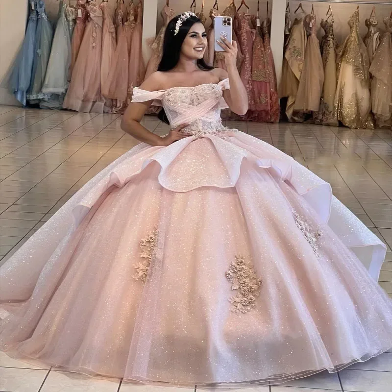 Eleagnt Pink Quinceanera Dress 2024 Glitter Mexican Vestido De 15 Anos Applique Beading Sweet 16 Birthday Party Dress Pageant