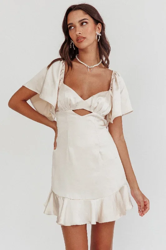 Eyes On You Pleated Bust Angel Sleeve Ruffle Hem Dress Champagne