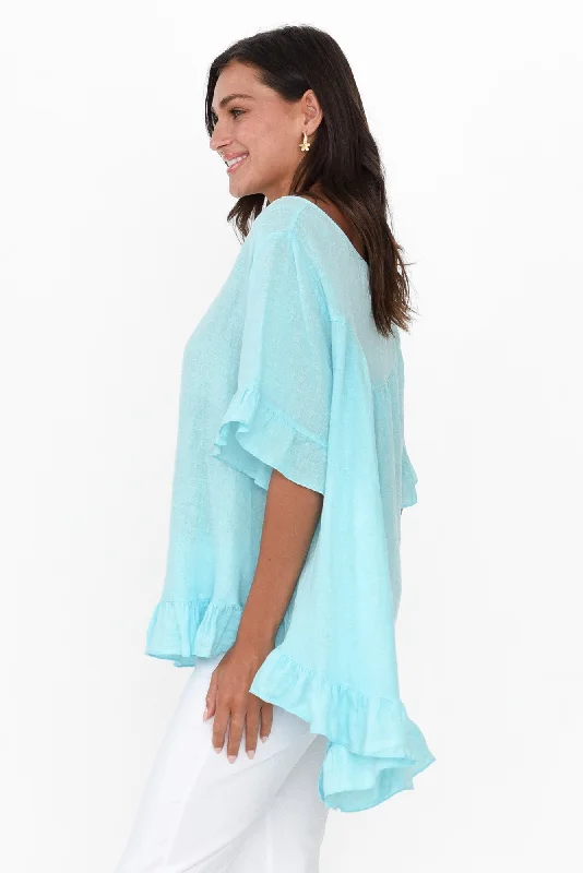 genevieve-aqua-linen-frill-top