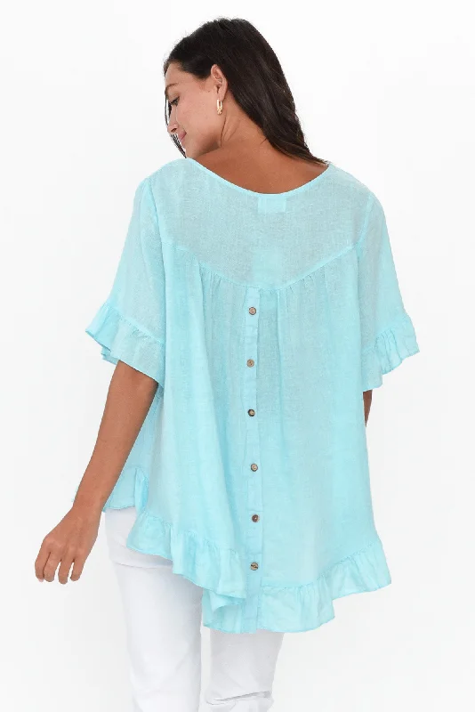 genevieve-aqua-linen-frill-top