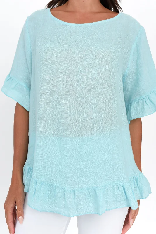 genevieve-aqua-linen-frill-top