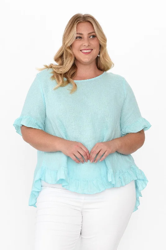 genevieve-aqua-linen-frill-top